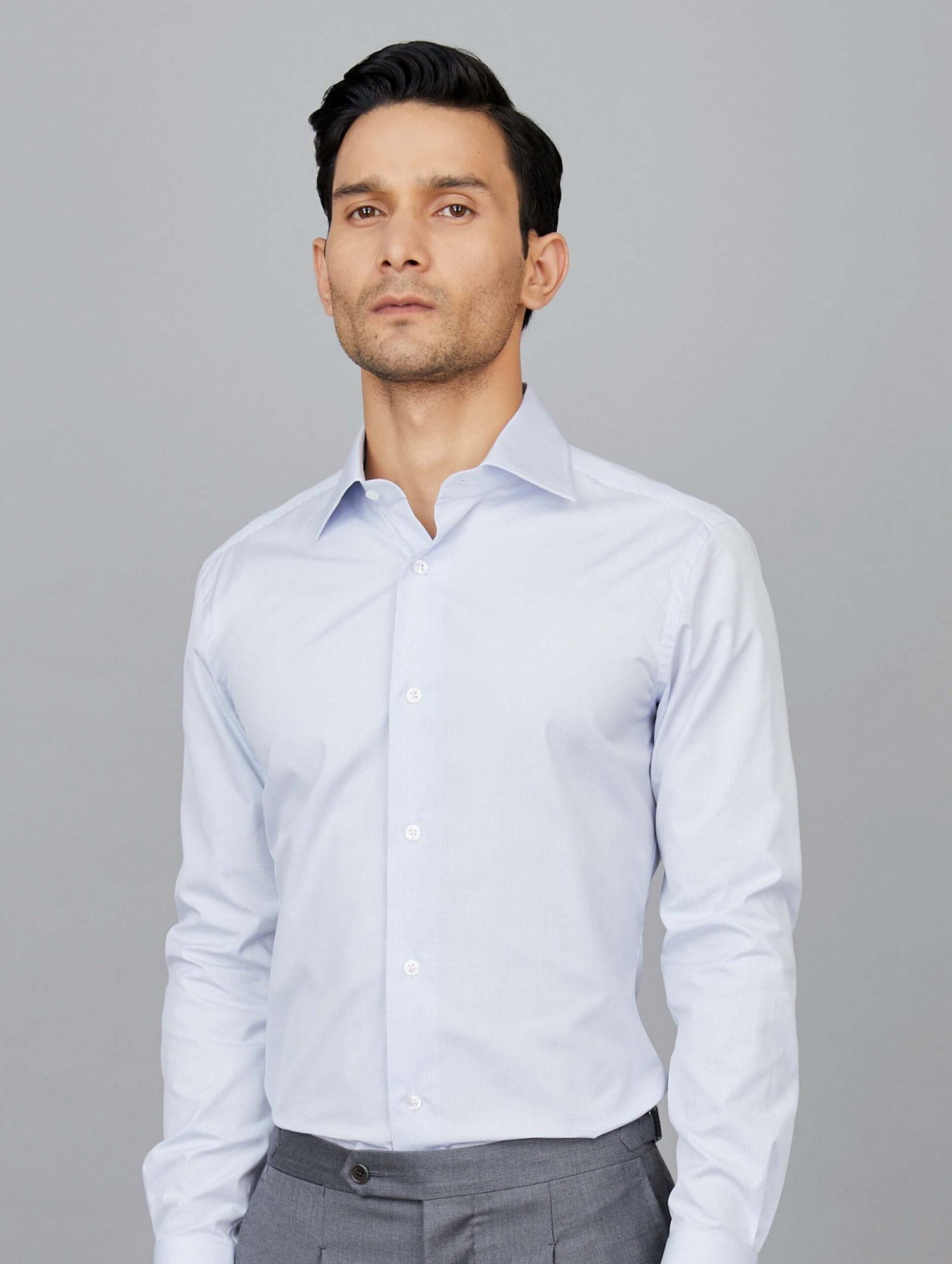 Micro-Check Cotton Poplin Shirt in Blue White
