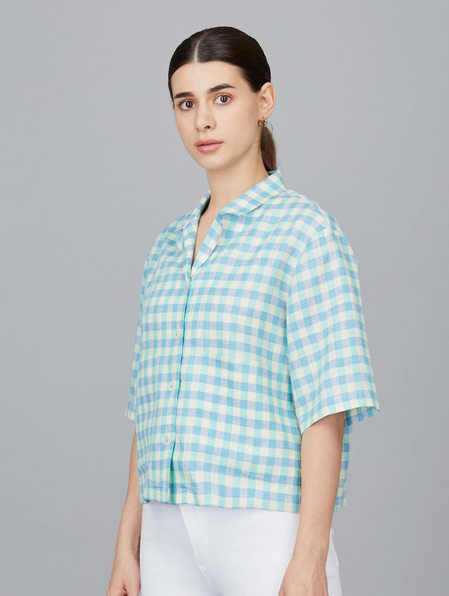 Casual Cropped Linen Checks Shirt in Blue