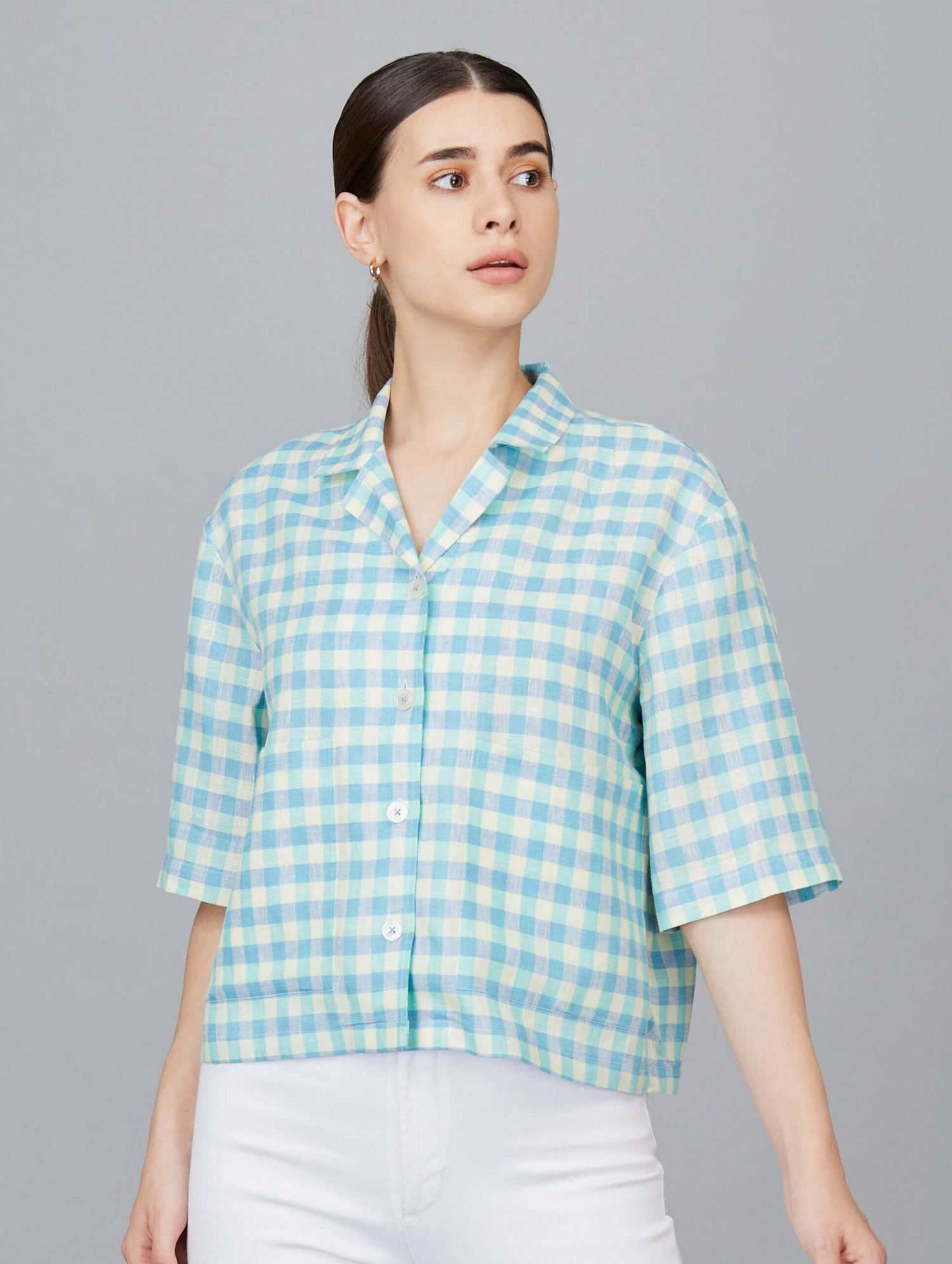Casual Cropped Linen Checks Shirt