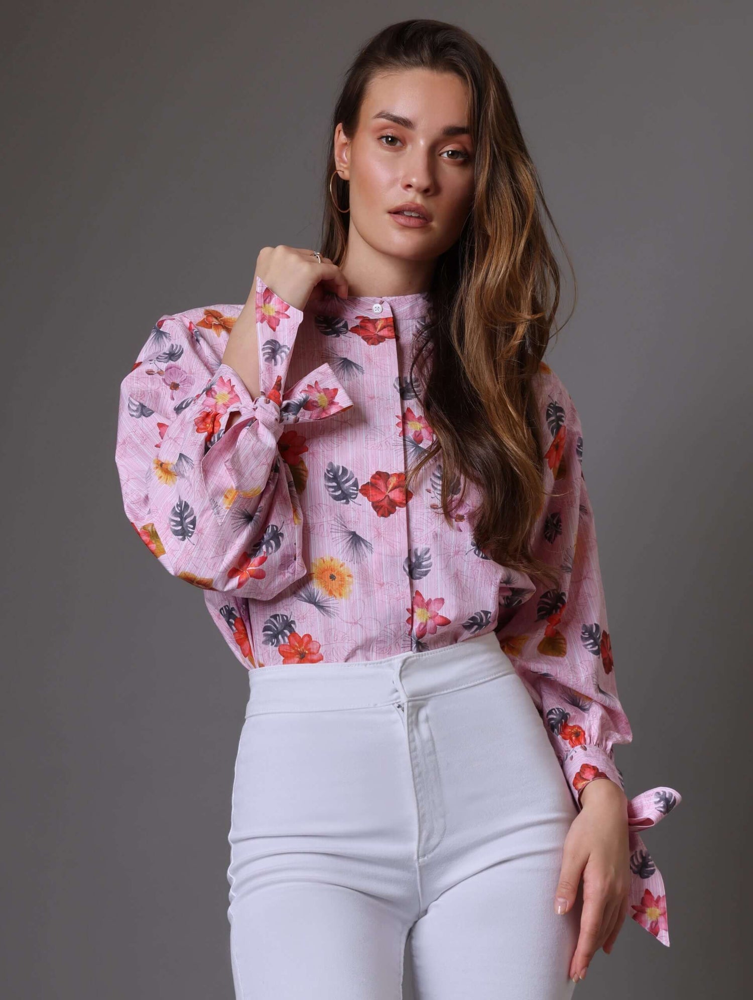 Pink Jaquard Printed Baloon Sleeves Shirt