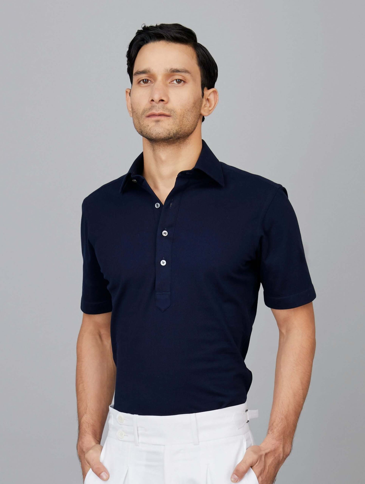 Half-Sleeve Popover Polo Shirt in Midnight Blue