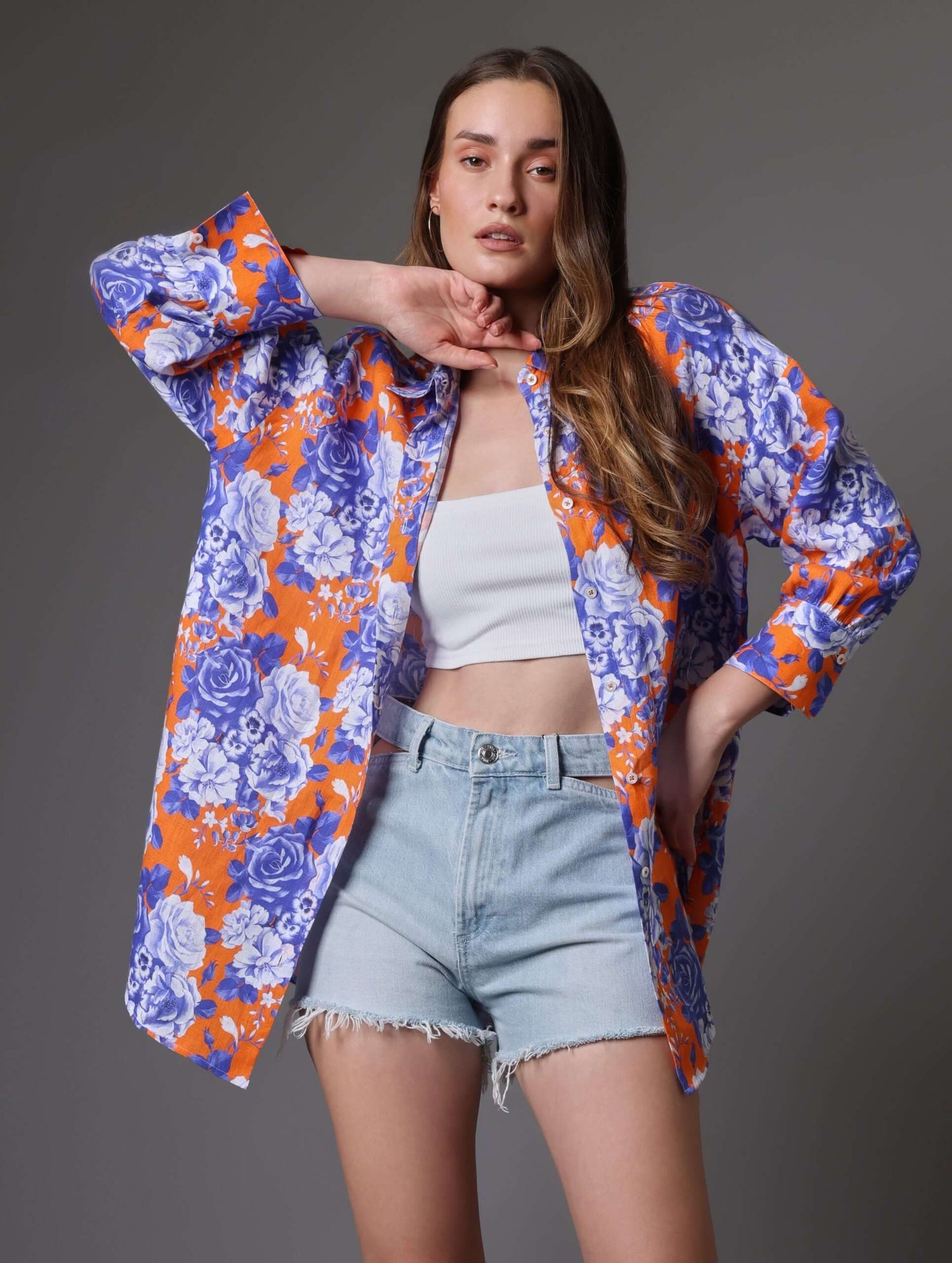 Oversized Orange & Blue Floral Linen Shirt