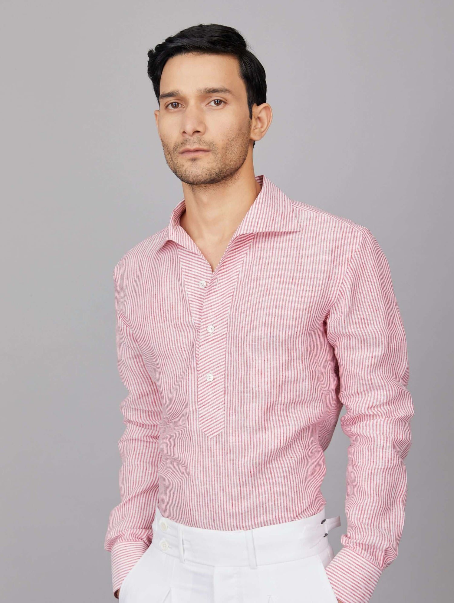 Red and White Stripe Linen Popover Shirt