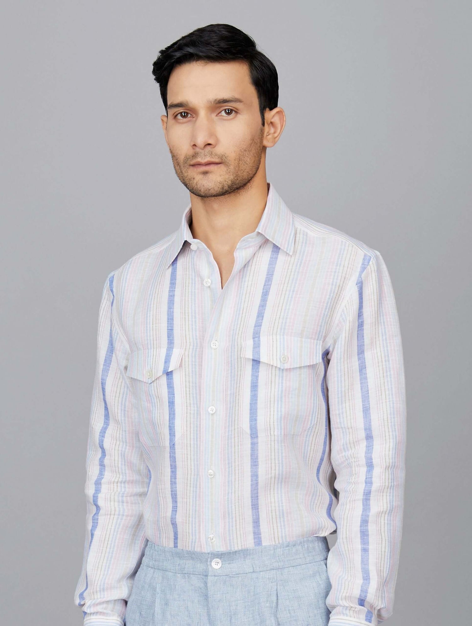 Blue, Pink and White Striped Vintage Linen Shirt