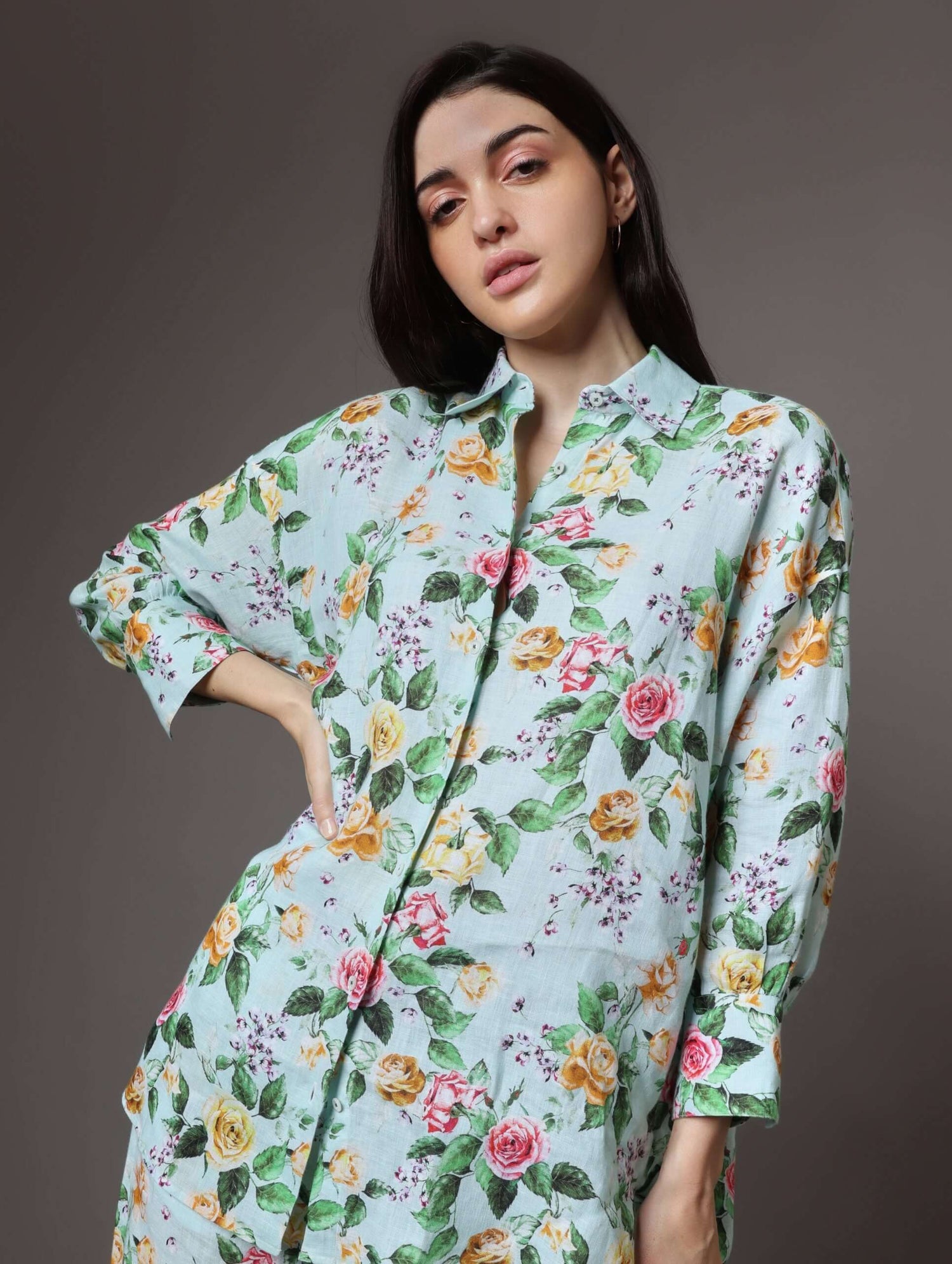 Oversized Green Floral Linen Shirt