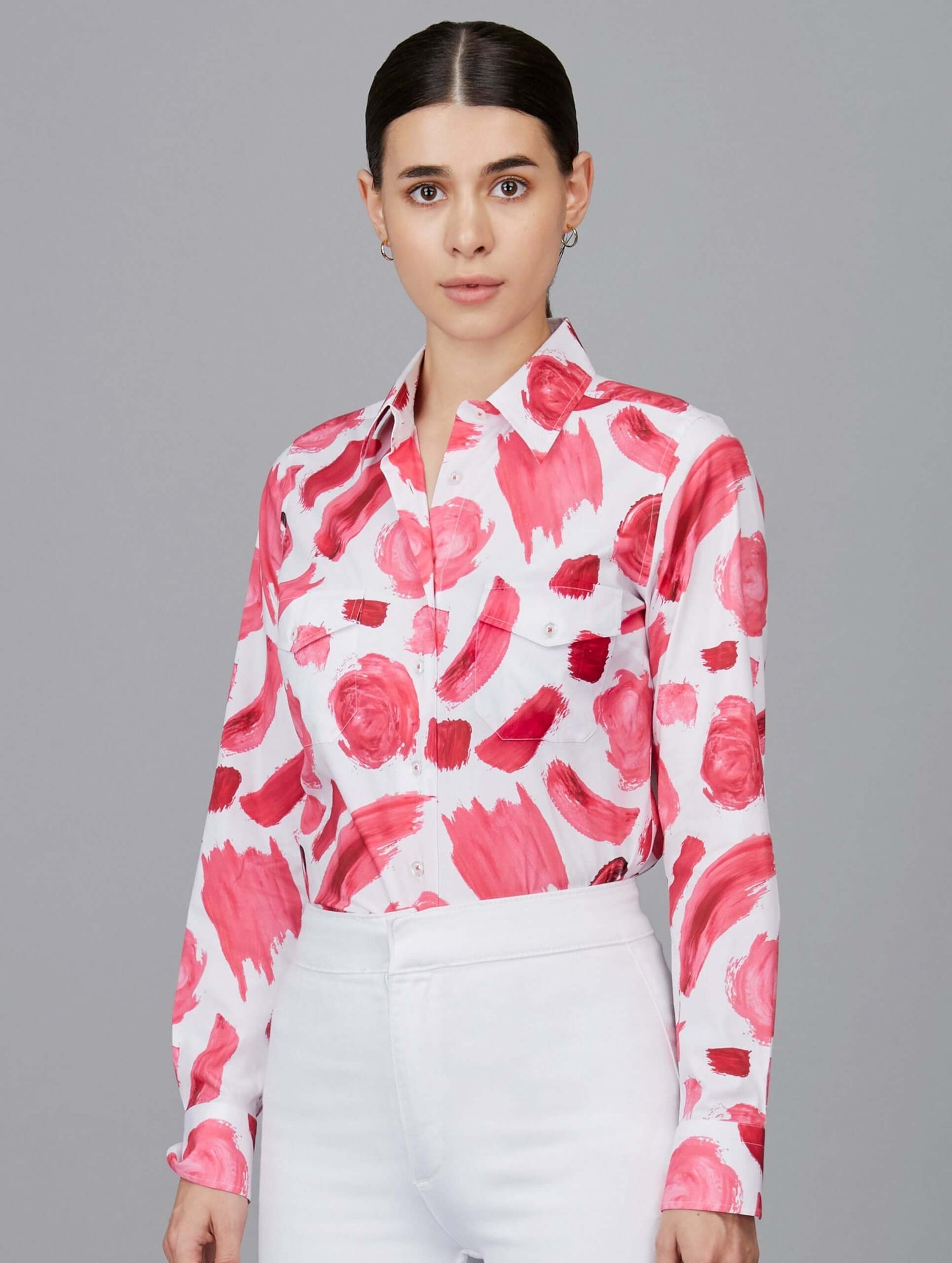 Pink Brush Print Formal Shirt With Pockets