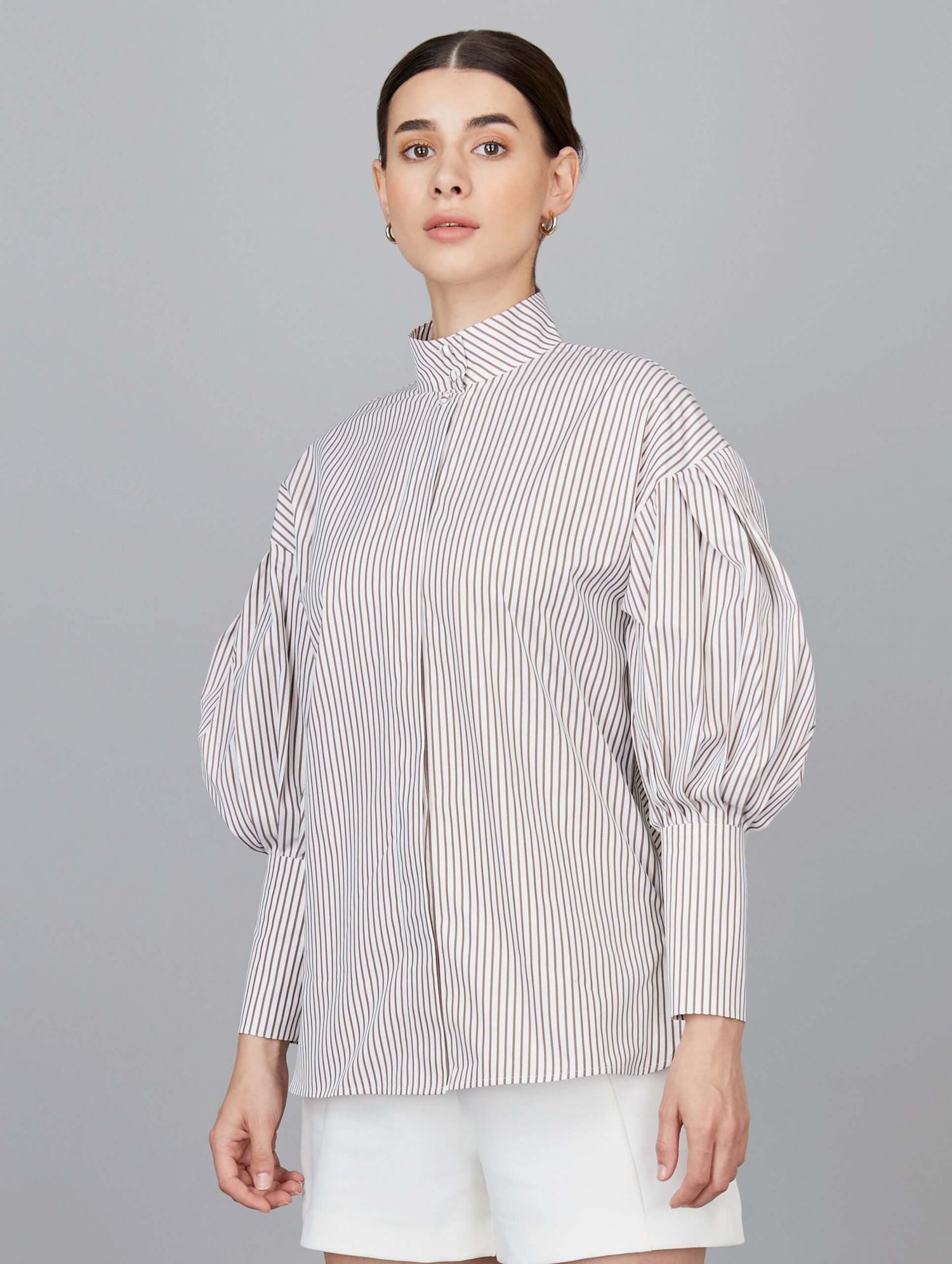 Stripe Bishop Balloon Sleeve Shirt in Brown