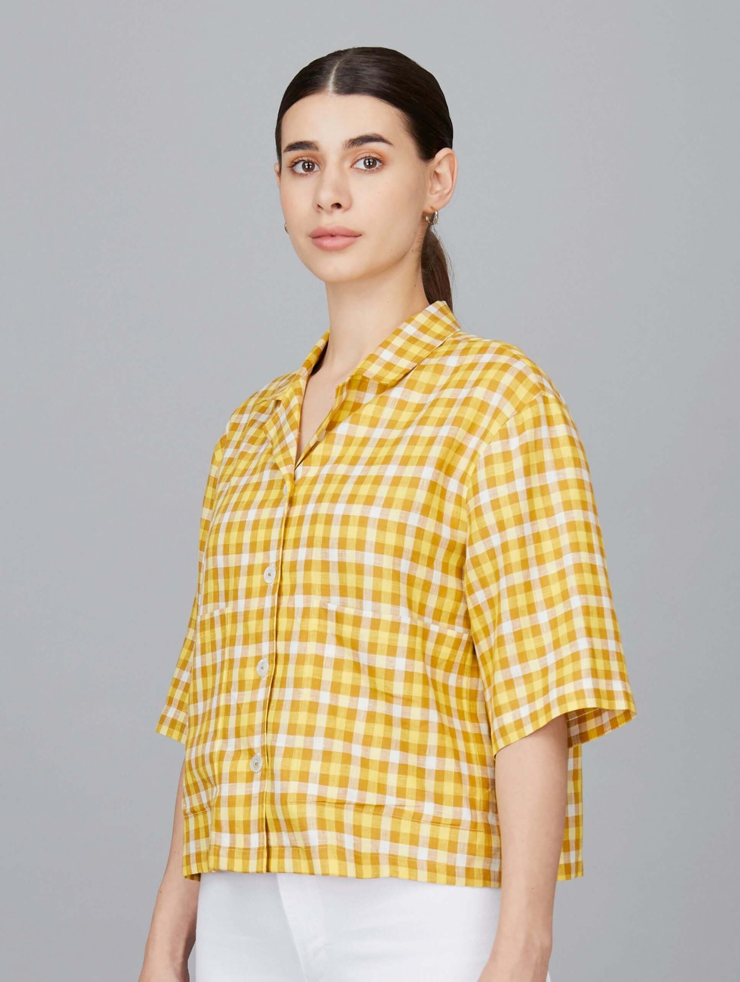 Casual Cropped Linen Checks Shirt