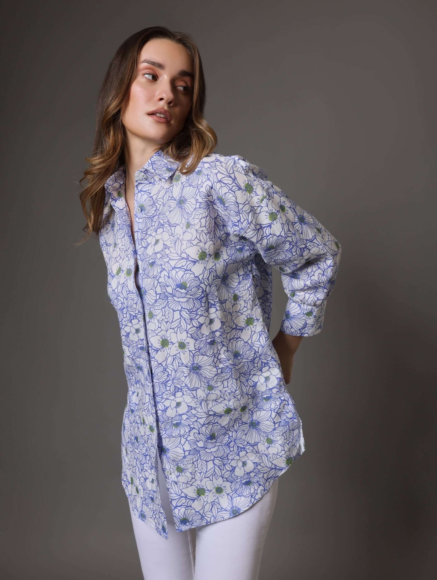 Oversized Blue And White Floral Linen Shirt