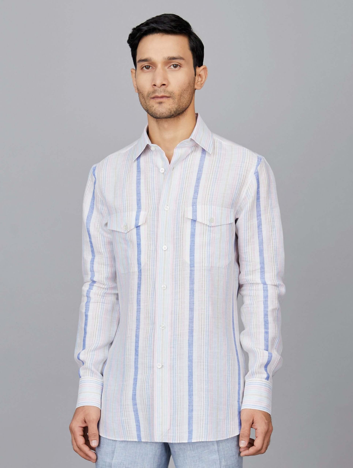 Blue, Pink and White Striped Vintage Linen Shirt