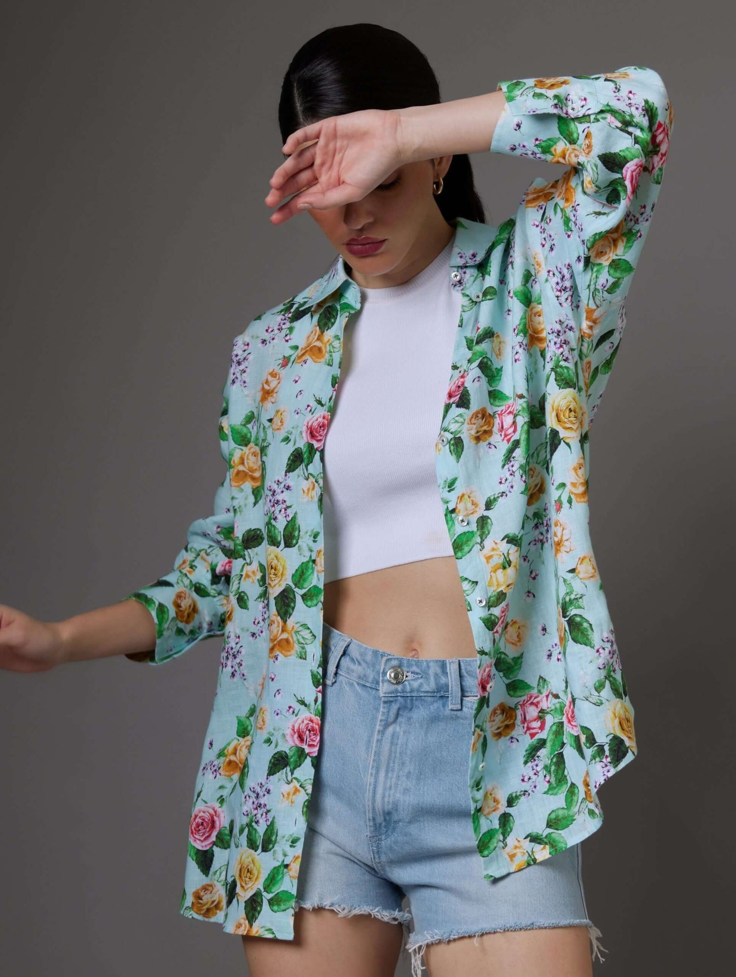 Oversized Green Floral Linen Shirt