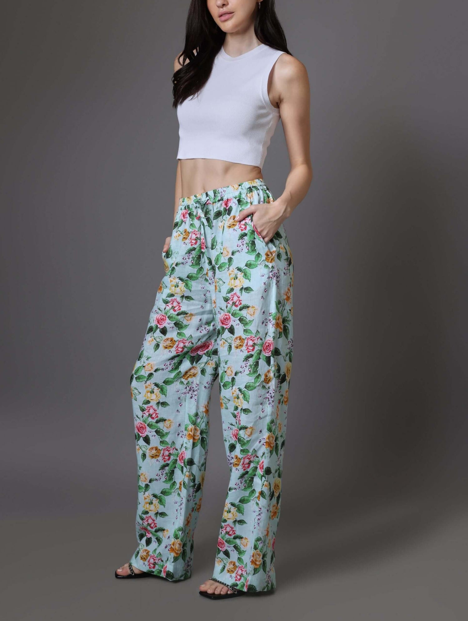 Oversized Green Floral Linen Pant