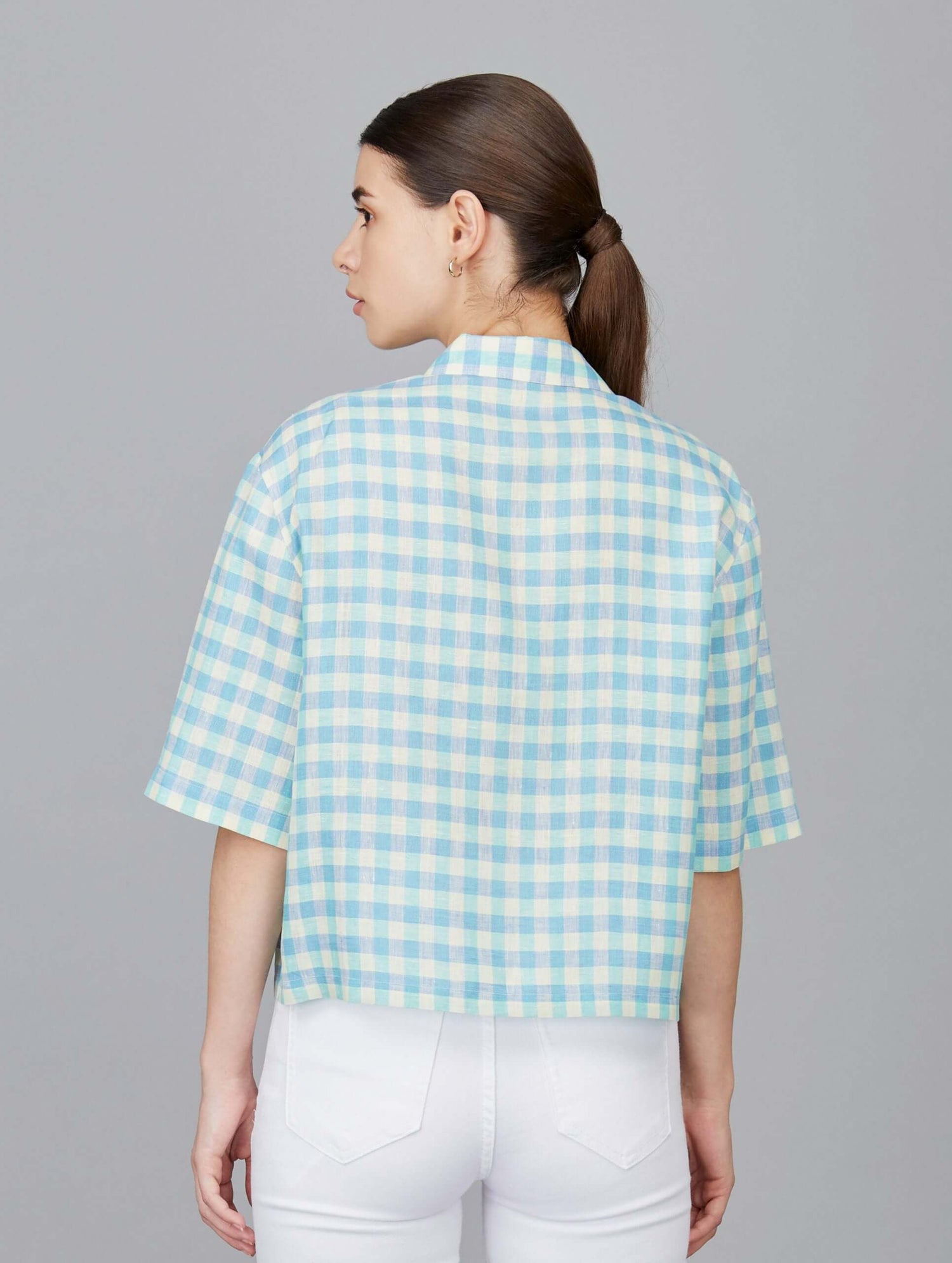 Casual Cropped Linen Checks Shirt