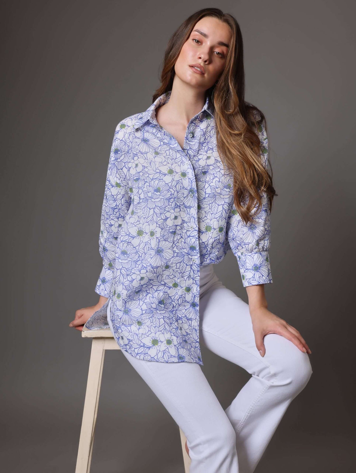 Oversized Blue And White Floral Linen Shirt