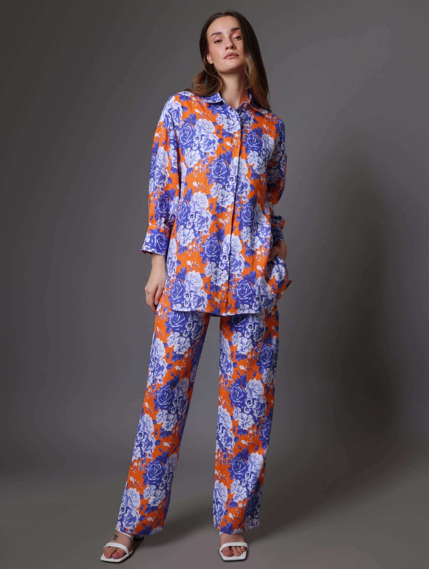 Oversized Orange &  Blue Floral Linen Co-Ord Set