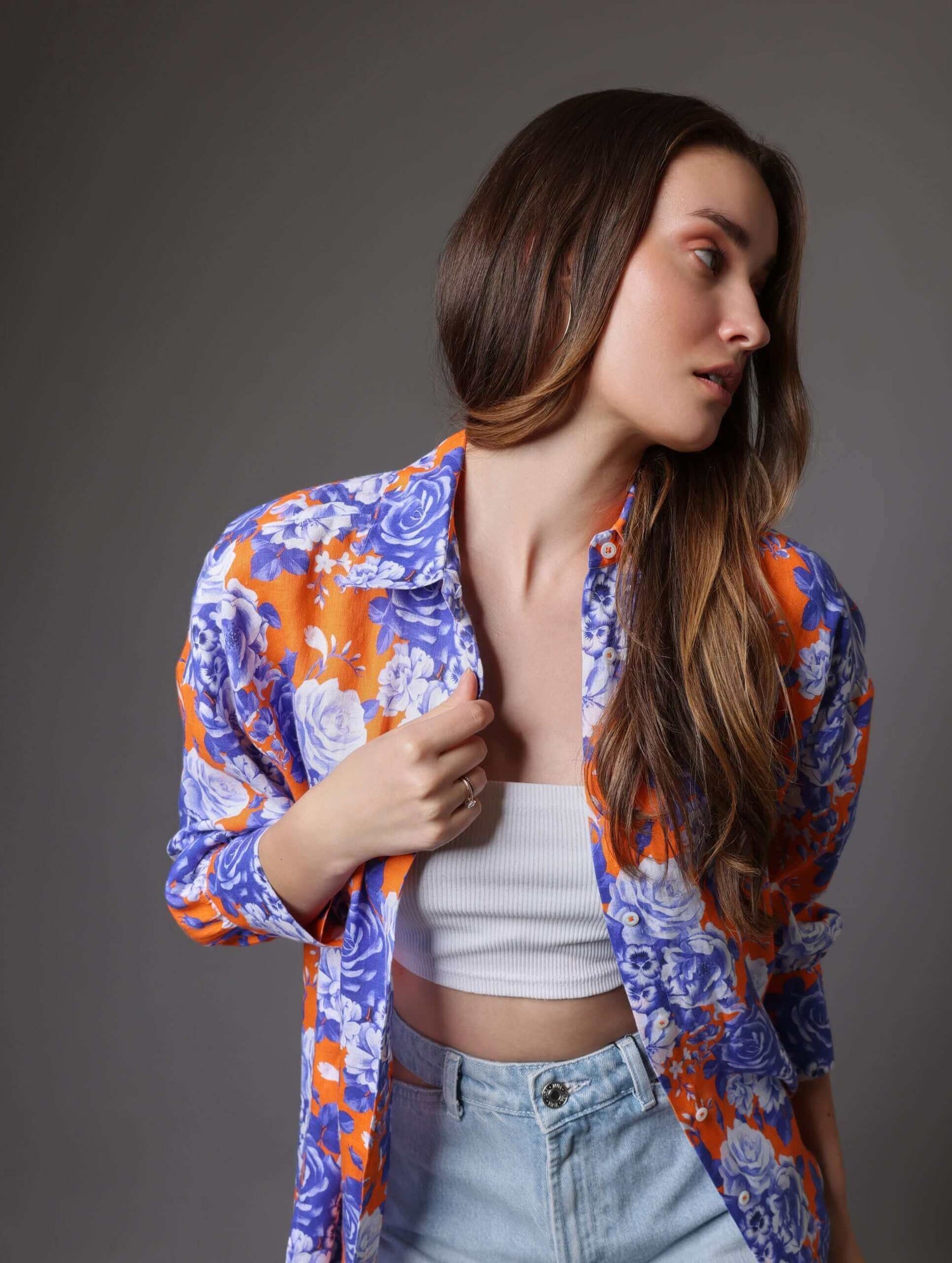 Oversized Orange & Blue Floral Linen Shirt