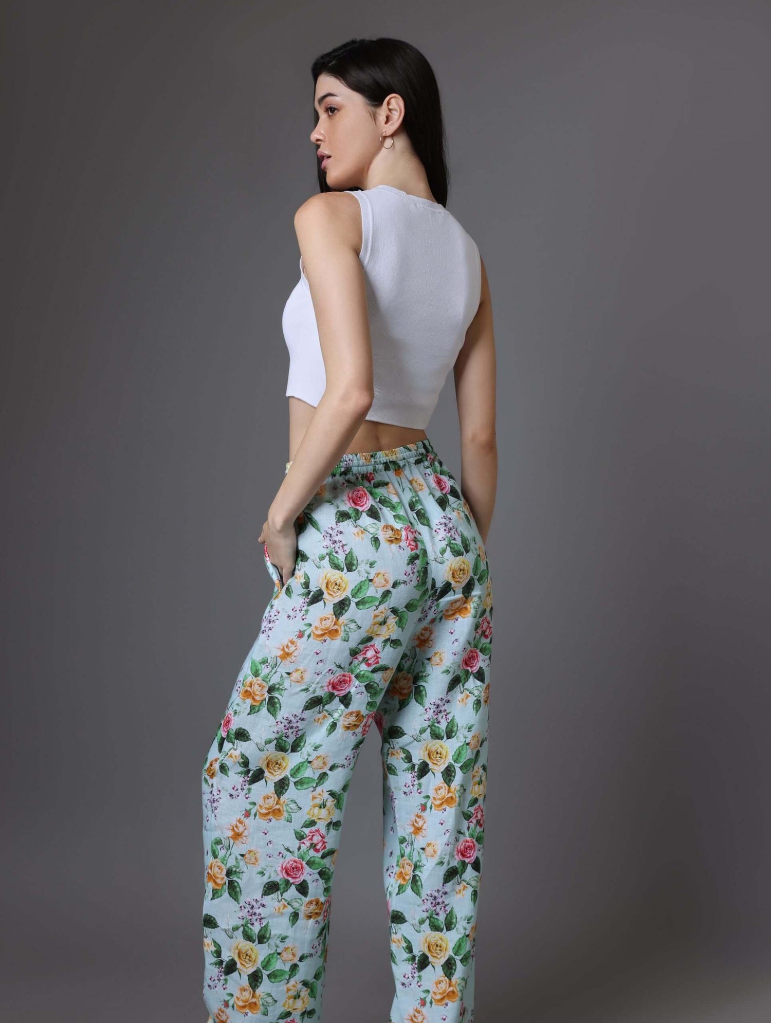 Oversized Green Floral Linen Pant