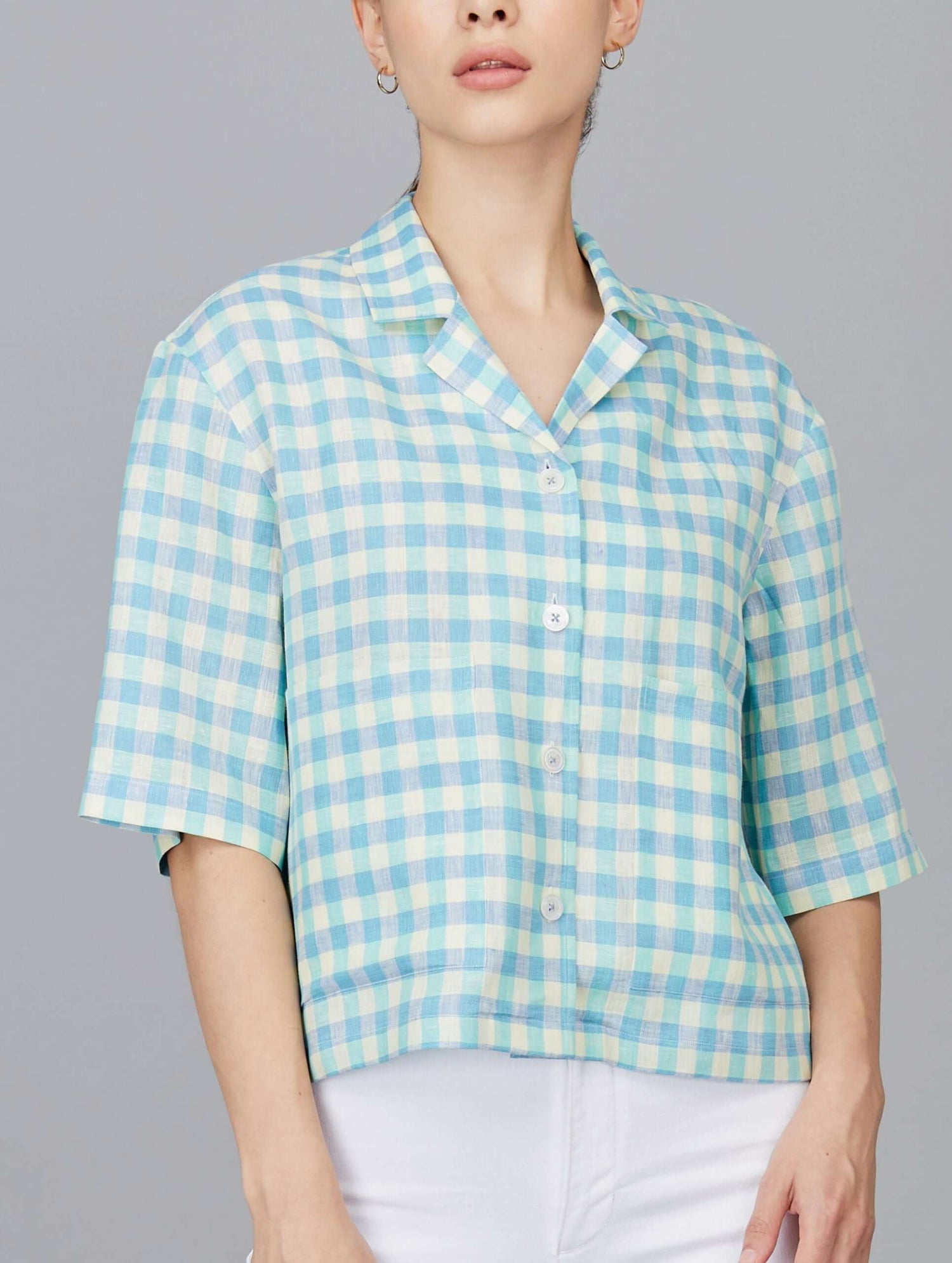 Casual Cropped Linen Checks Shirt