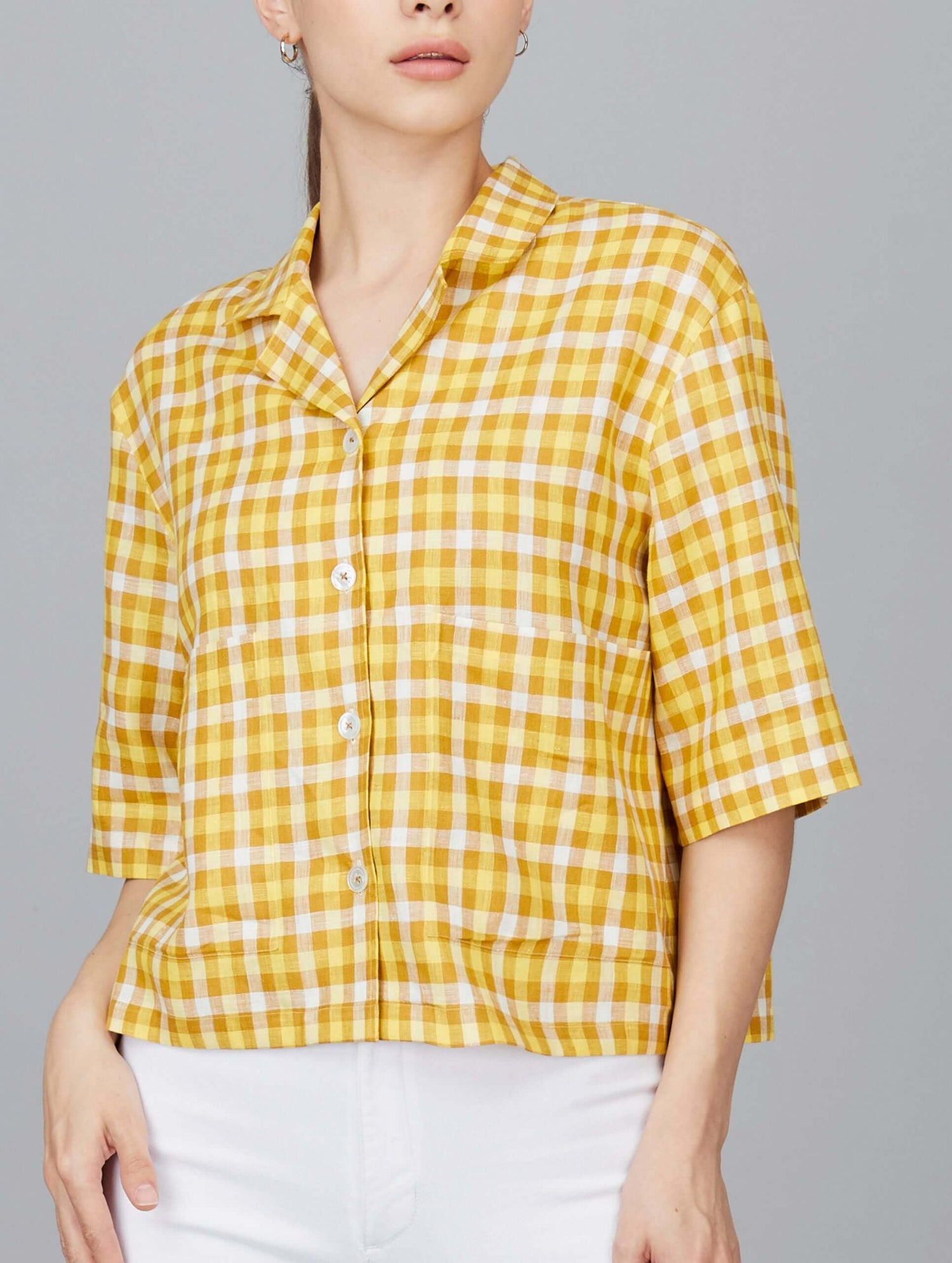 Casual Cropped Linen Checks Shirt