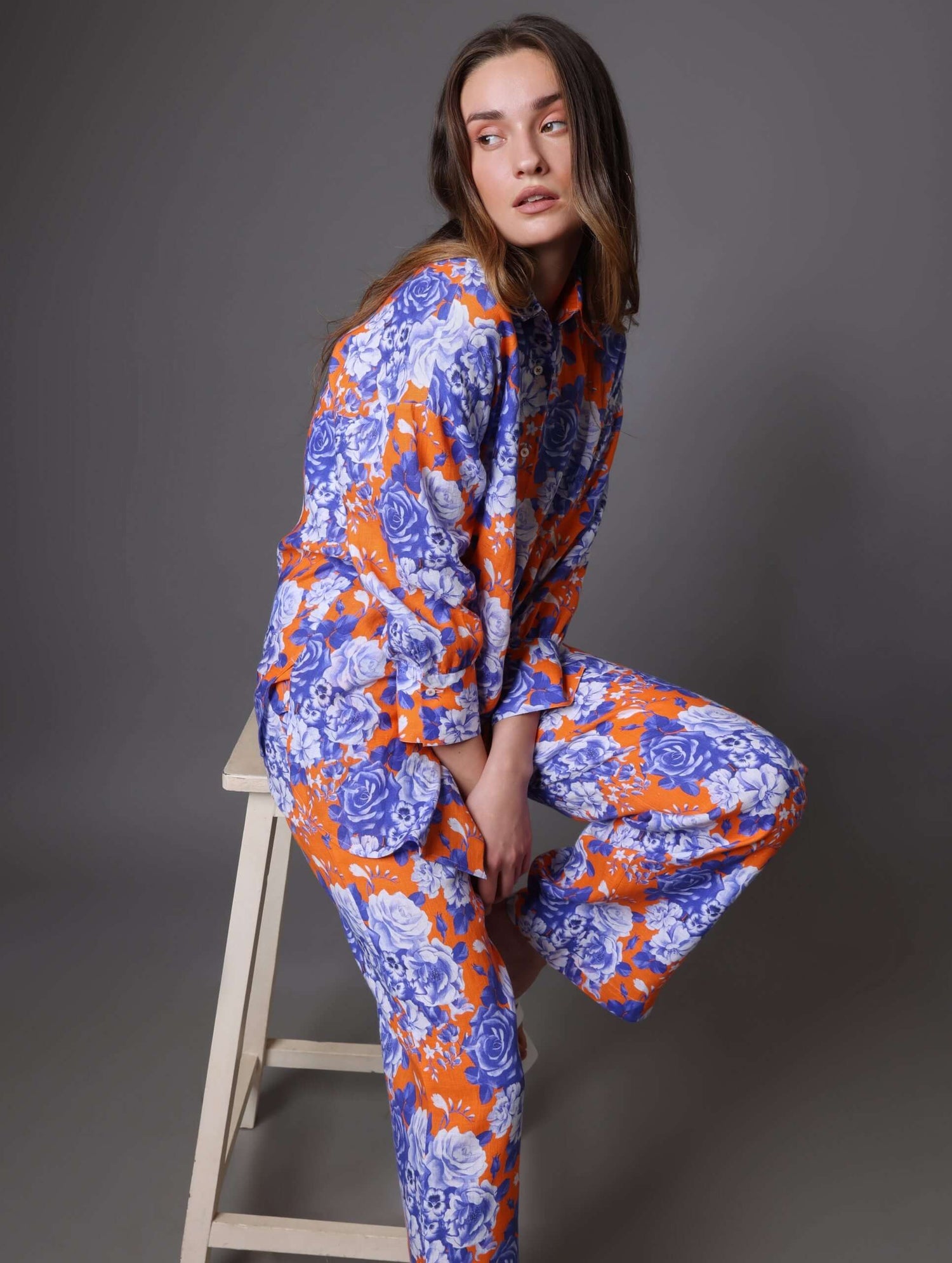 Oversized Orange &  Blue Floral Linen Co-Ord Set