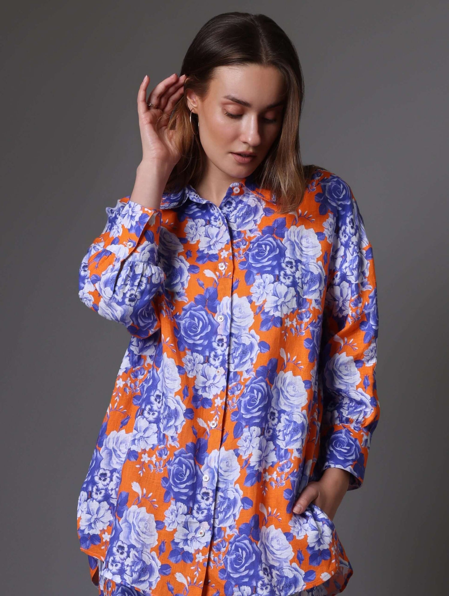 Oversized Orange & Blue Floral Linen Shirt