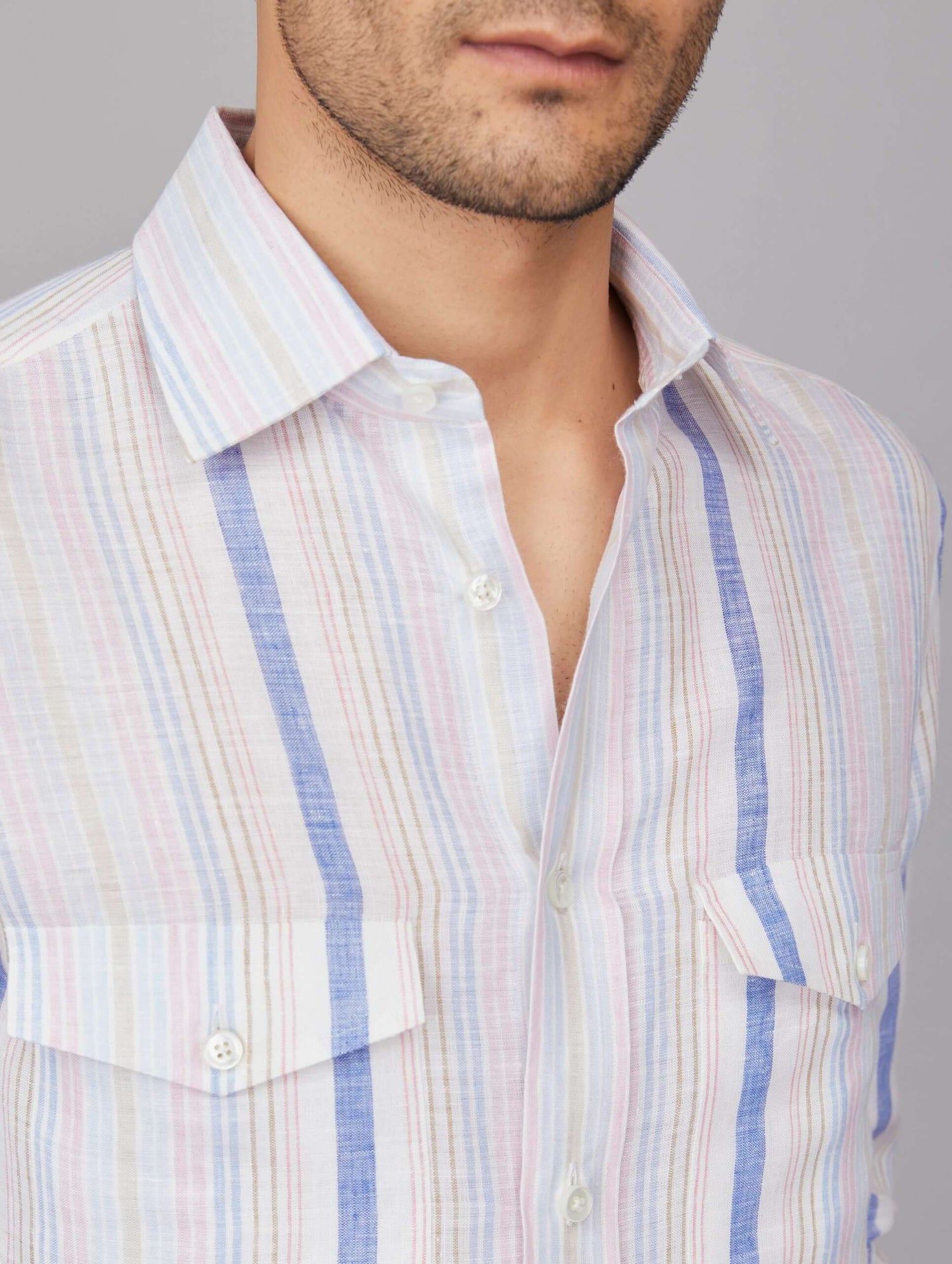 Blue, Pink and White Striped Vintage Linen Shirt