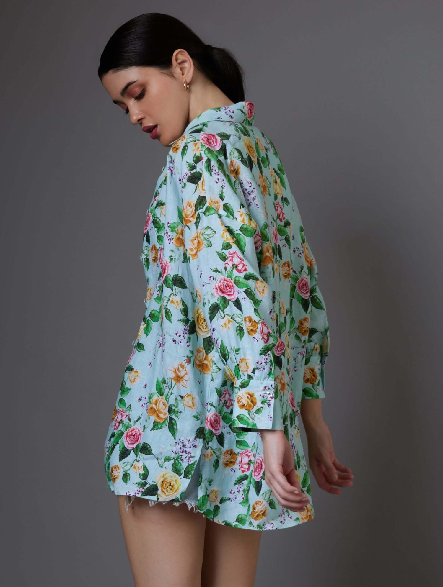 Oversized Green Floral Linen Shirt