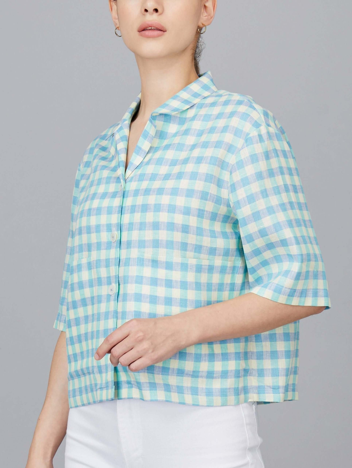 Casual Cropped Linen Checks Shirt