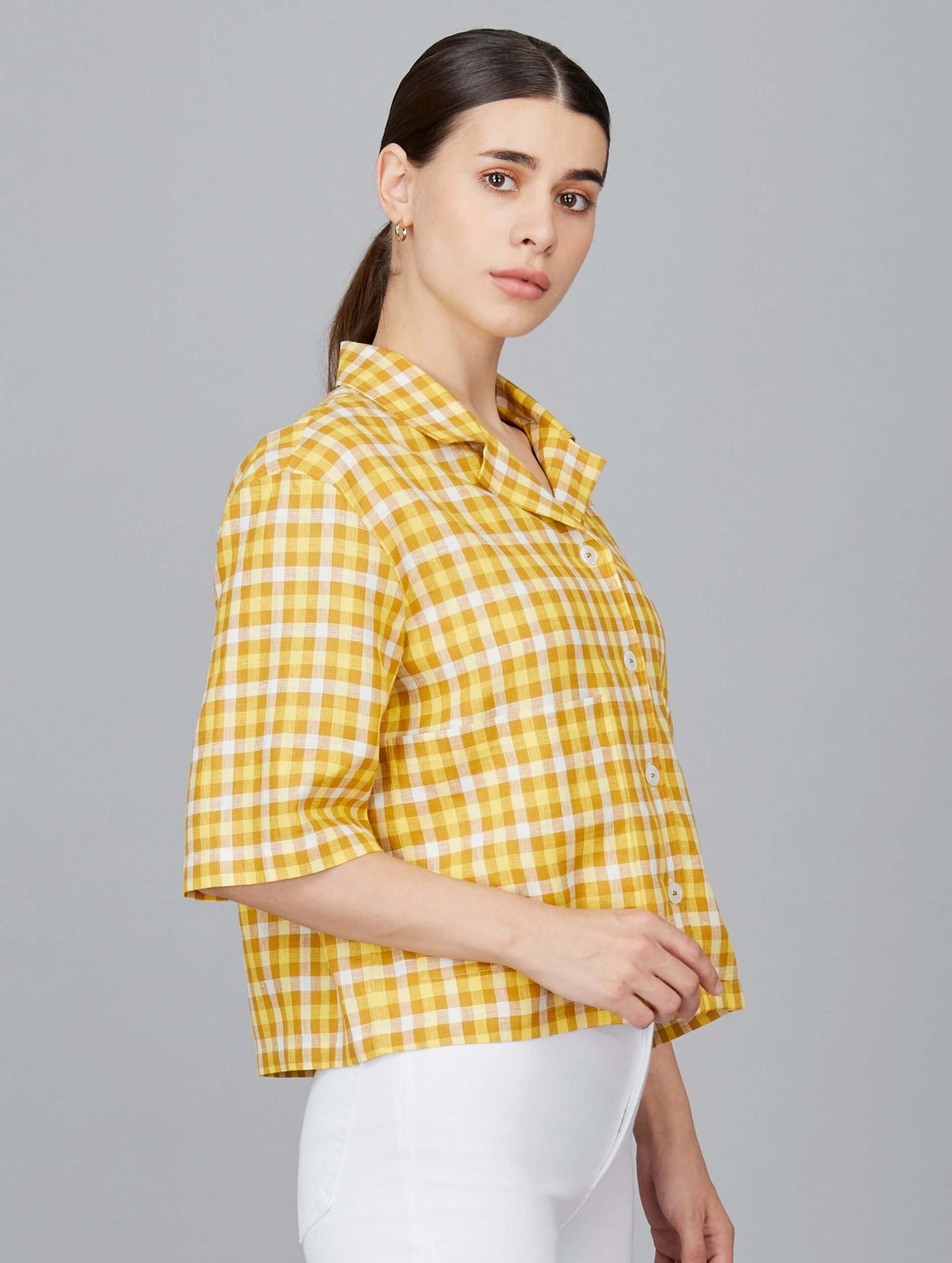 Casual Cropped Linen Checks Shirt