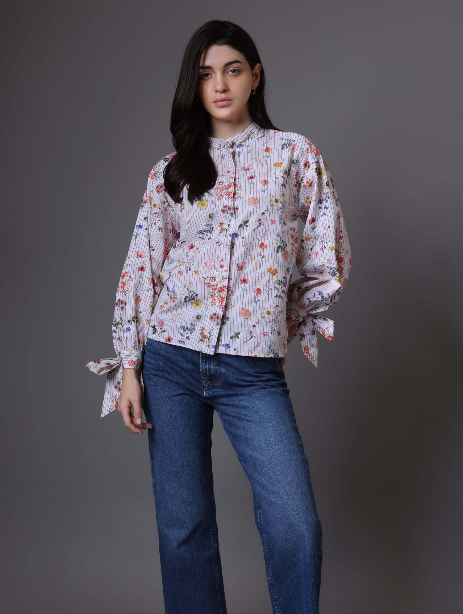 Printed Balloon Sleeve Shirt With Mandarin Collar