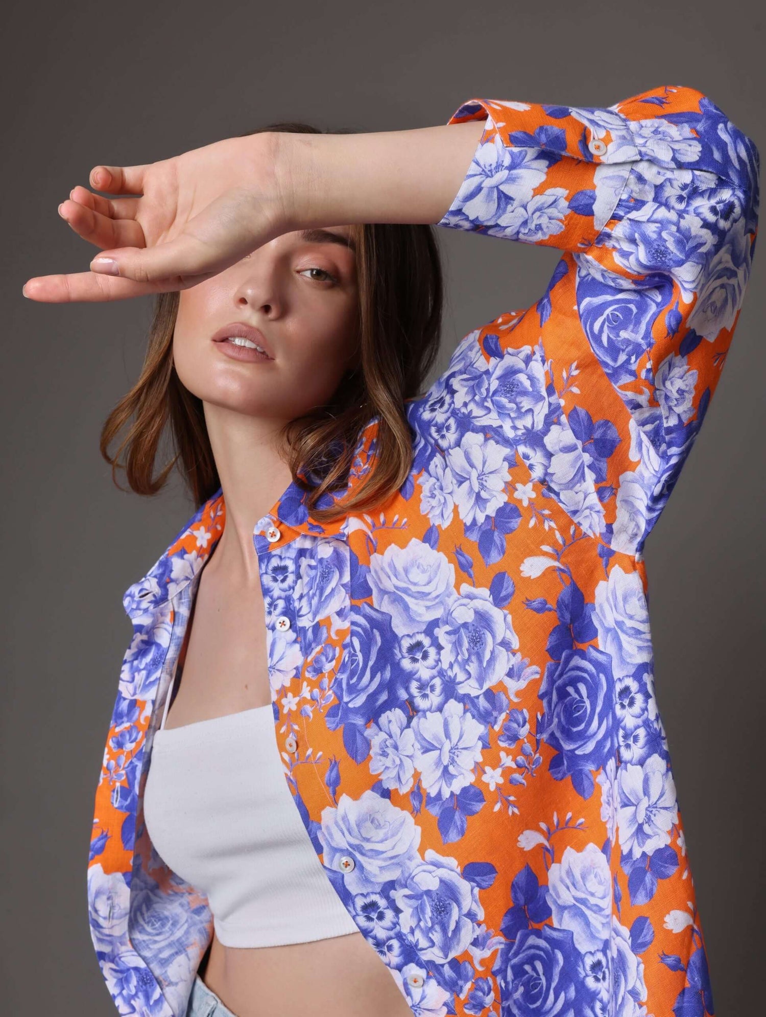 Oversized Orange & Blue Floral Linen Shirt