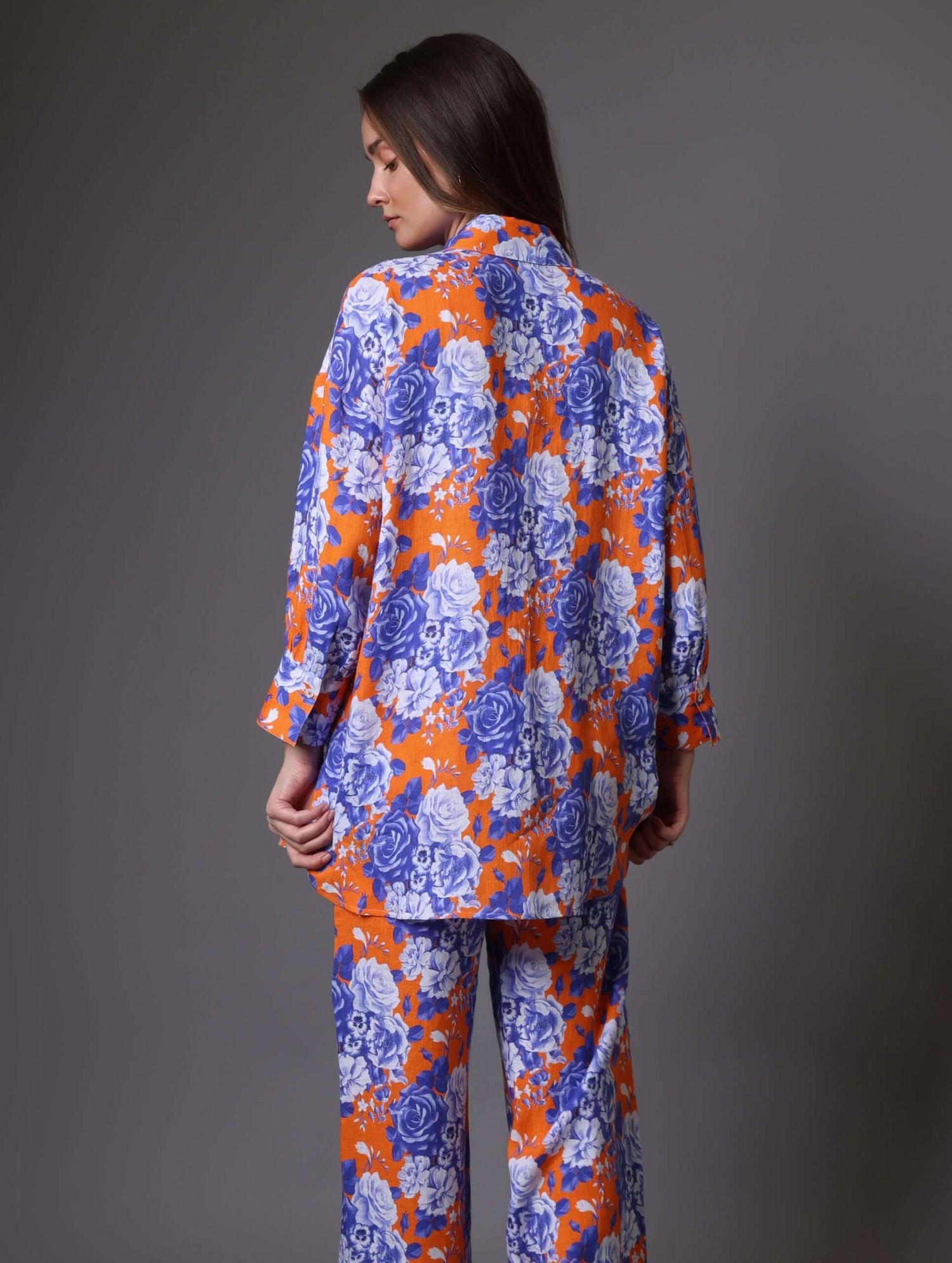 Oversized Orange & Blue Floral Linen Shirt