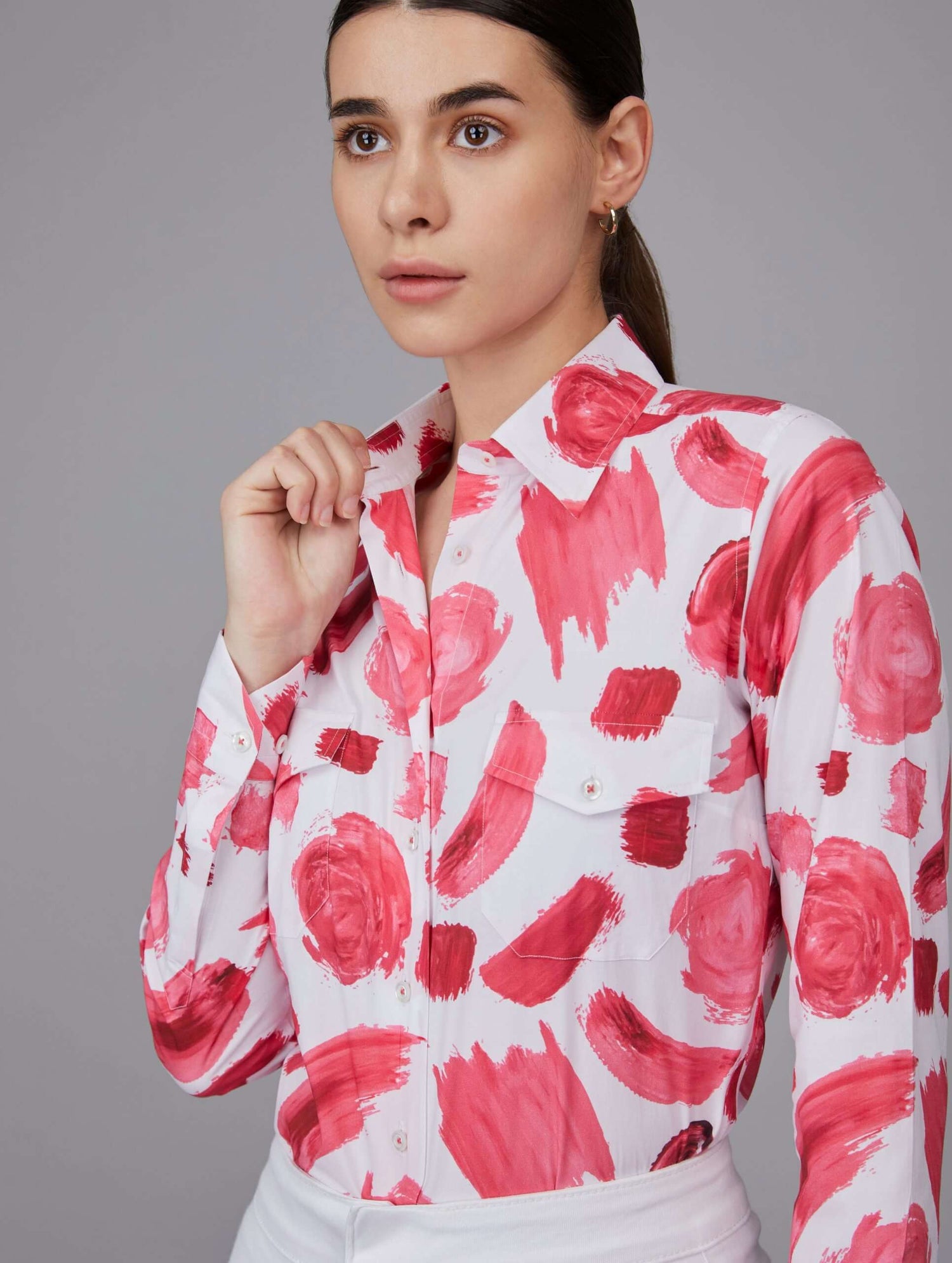 Pink Brush Print Formal Shirt With Pockets