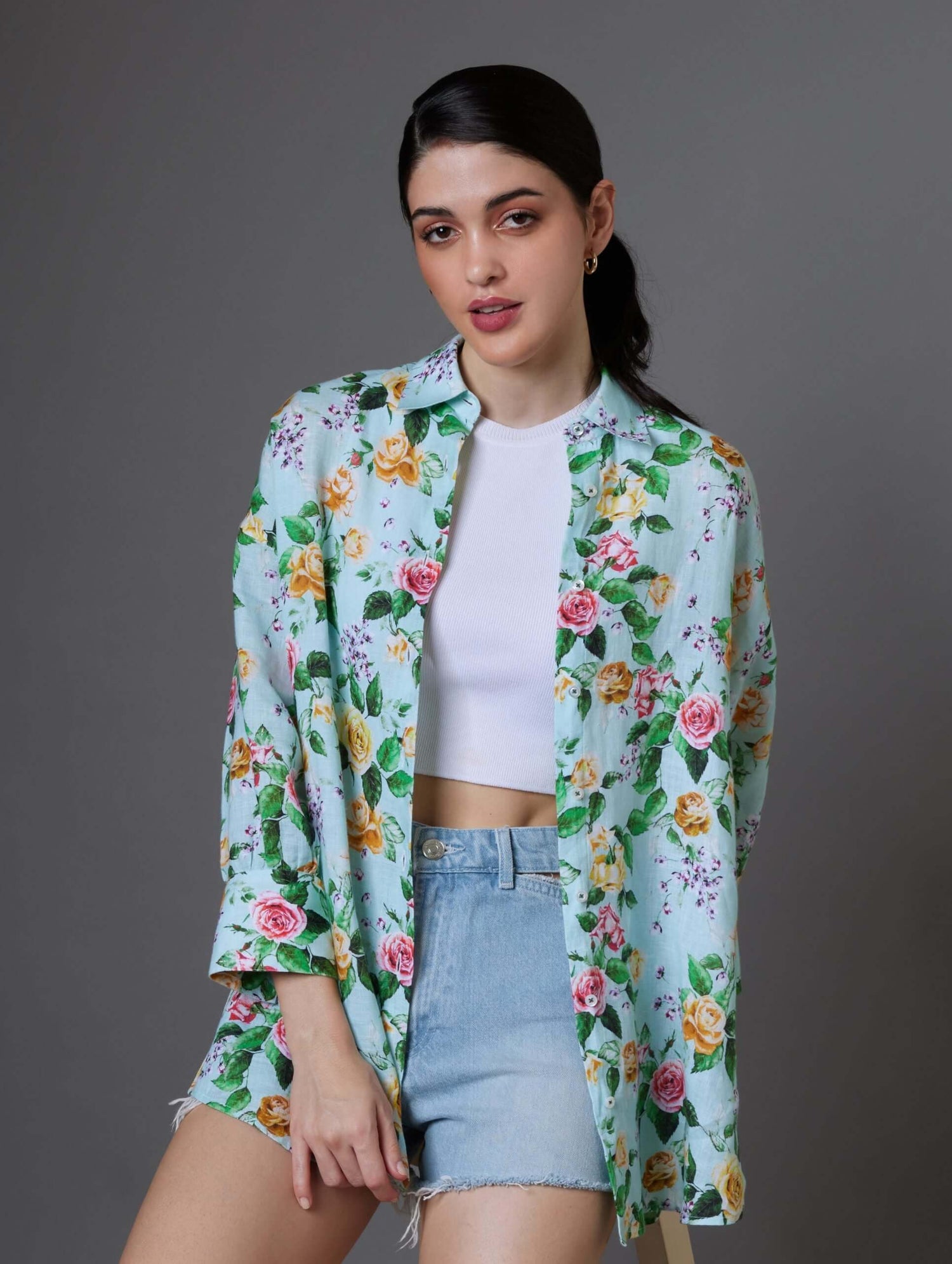 Oversized Green Floral Linen Shirt