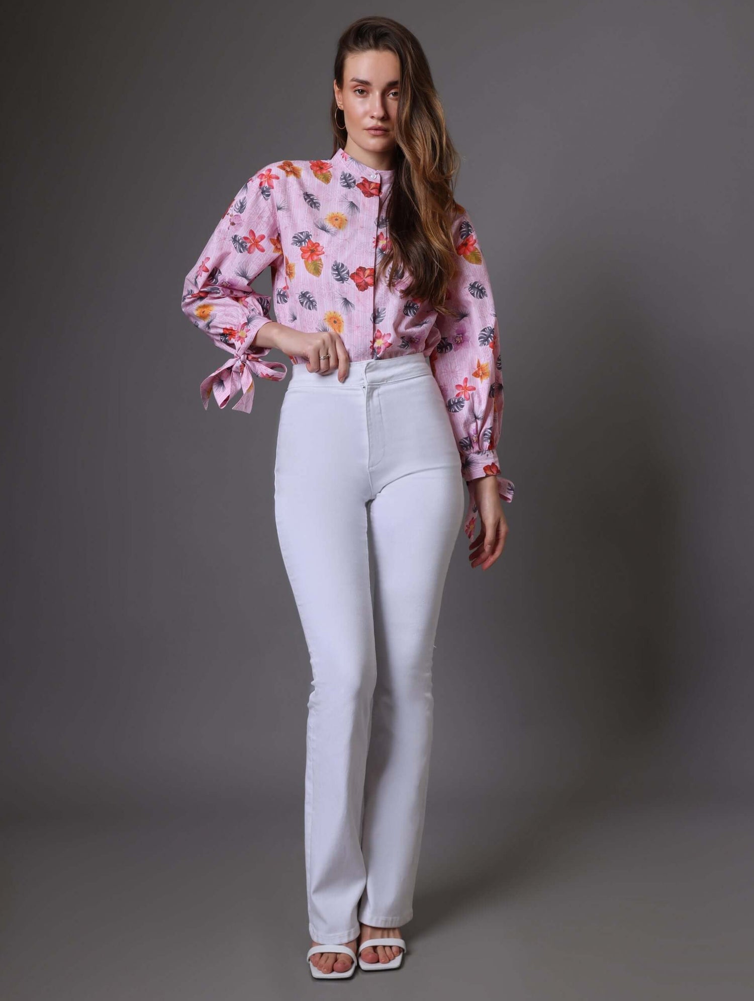 Pink Jaquard Printed Baloon Sleeves Shirt