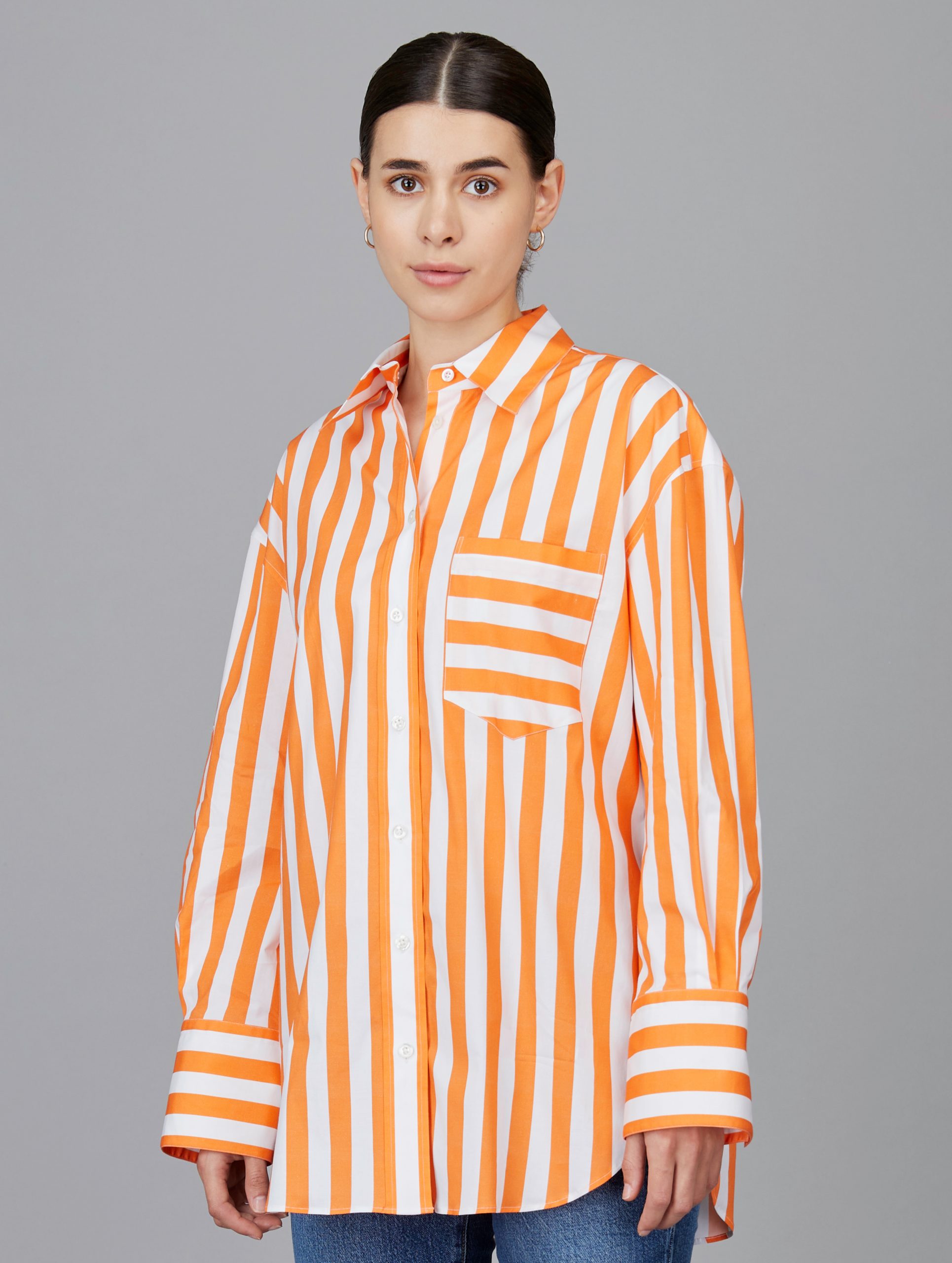 Dark Blue Awning Stripe Boyfriend Shirt in Orange