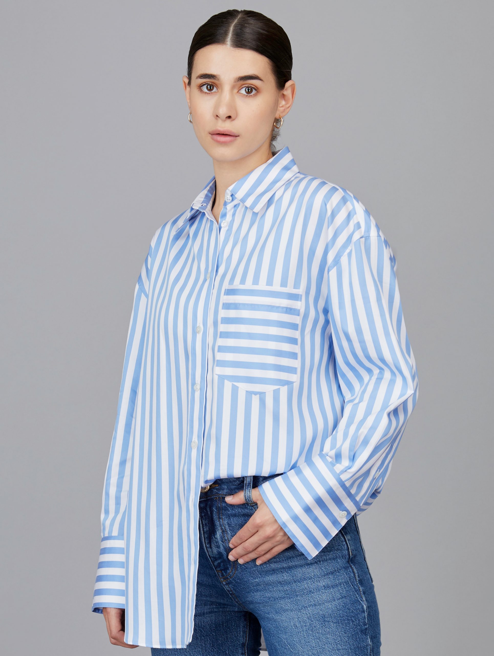 Dark Blue Awning Stripe Boyfriend Shirt in Light Blue