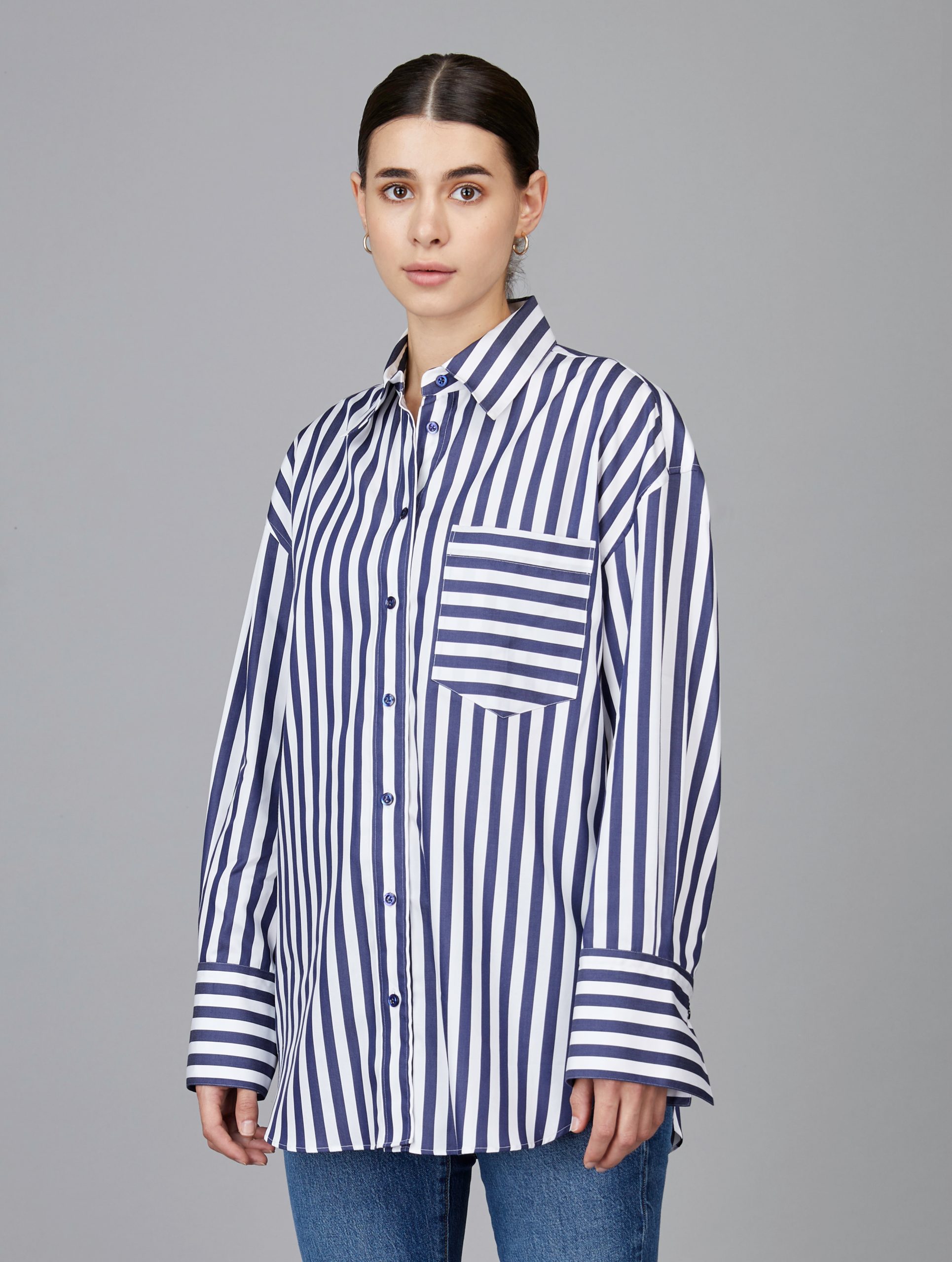 Awning stripe boyfriend shirt in Navy blue colour - Camessi Collection