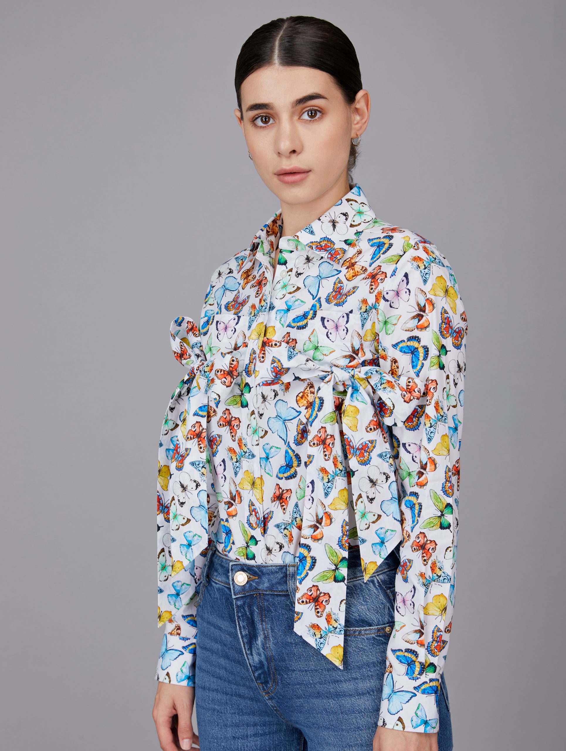 Double Bow Shirt in Butterfly Print
