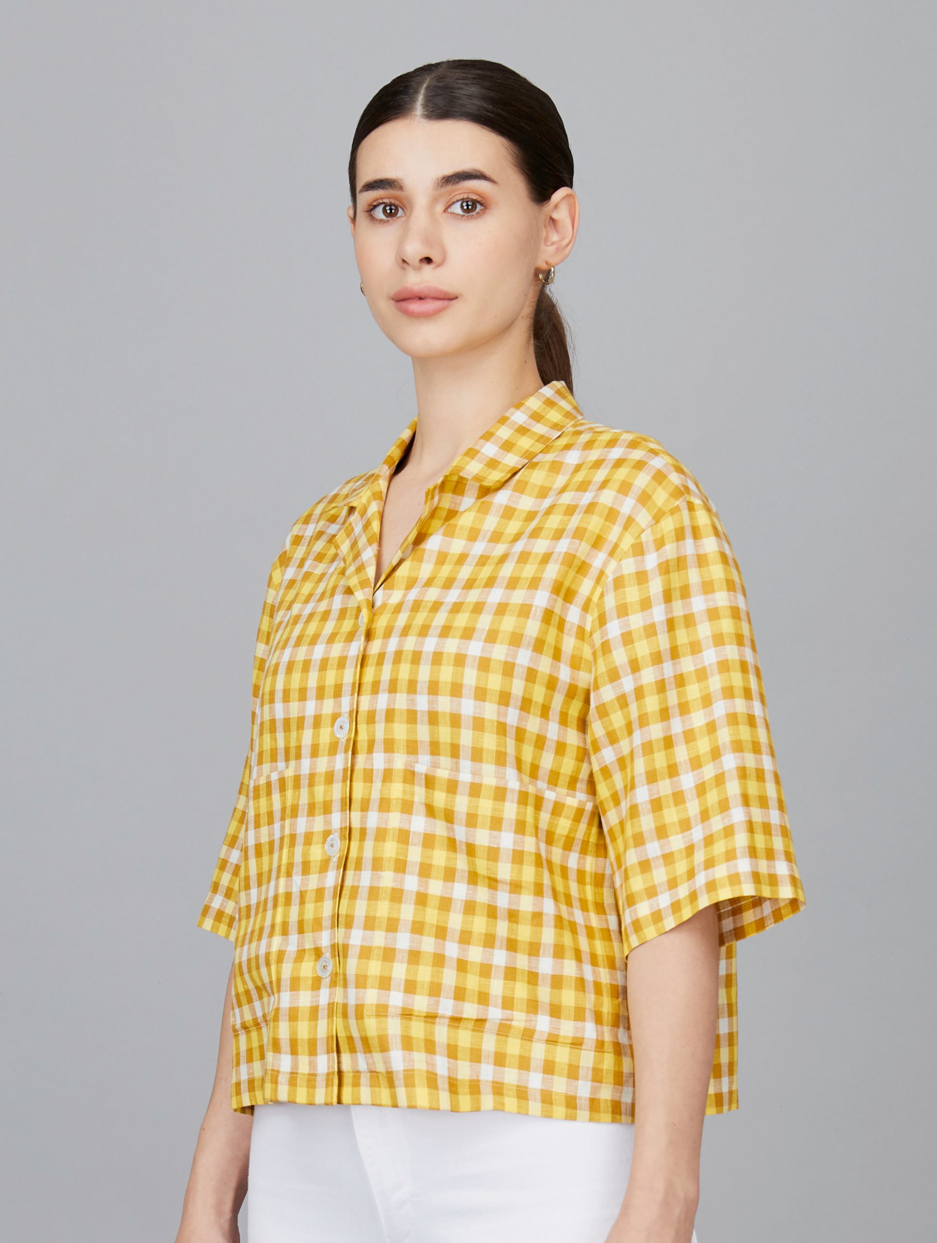 Casual Cropped Linen Checks Shirt in Yellow